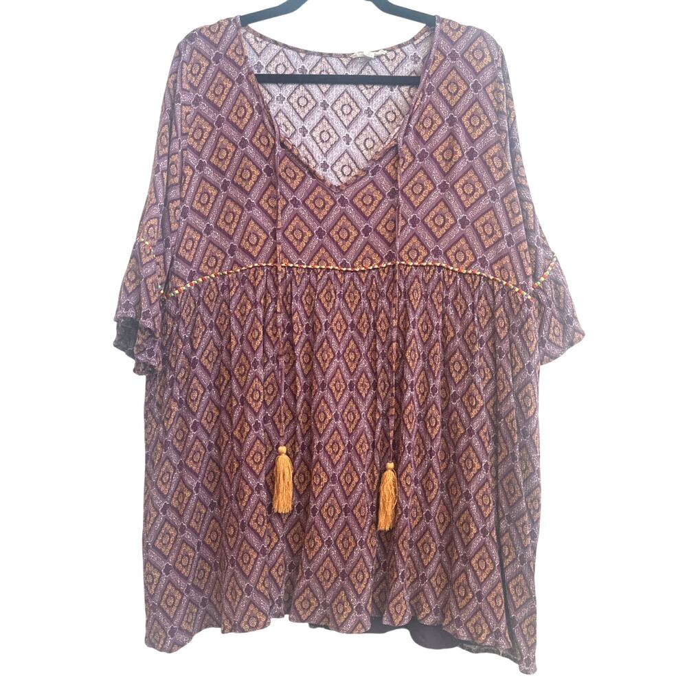 Easel Plum and Tangerine Boho Diamond Geometric Design Blouse with Tasseled Ties